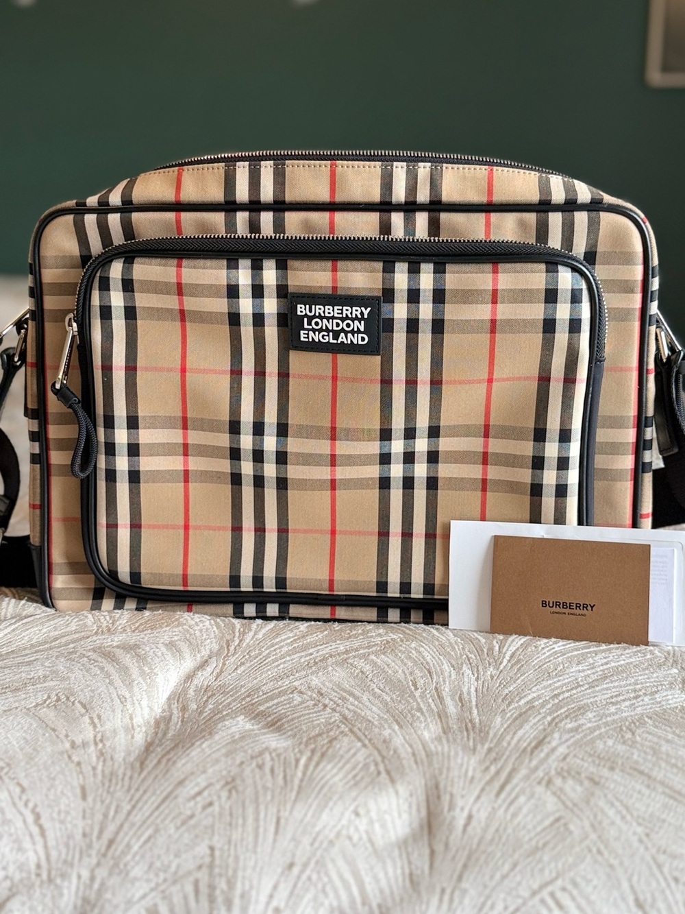 Burberry Beige Plaid Canvas Laptop Messenger Bag with Black Trim and Red Accents
